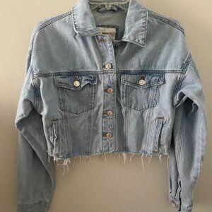 Forever 21 Denim Jacket Crop Top Fringe Women's